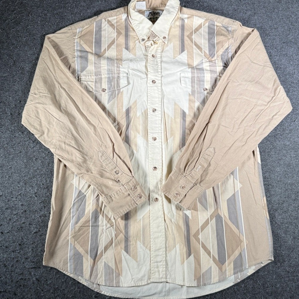 Roper Border Mens XL Western Button Down Shirt Geometric Tribal Tan Corduroy